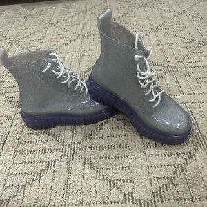 Melissa coturno jelly silver  / Purple vegan combat rain Winter Boots size 6